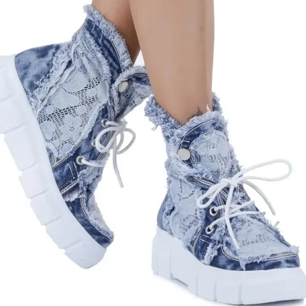 High Top Sneakers W/ Frayed Top And Detailed Lace Covered Denim (W-10)